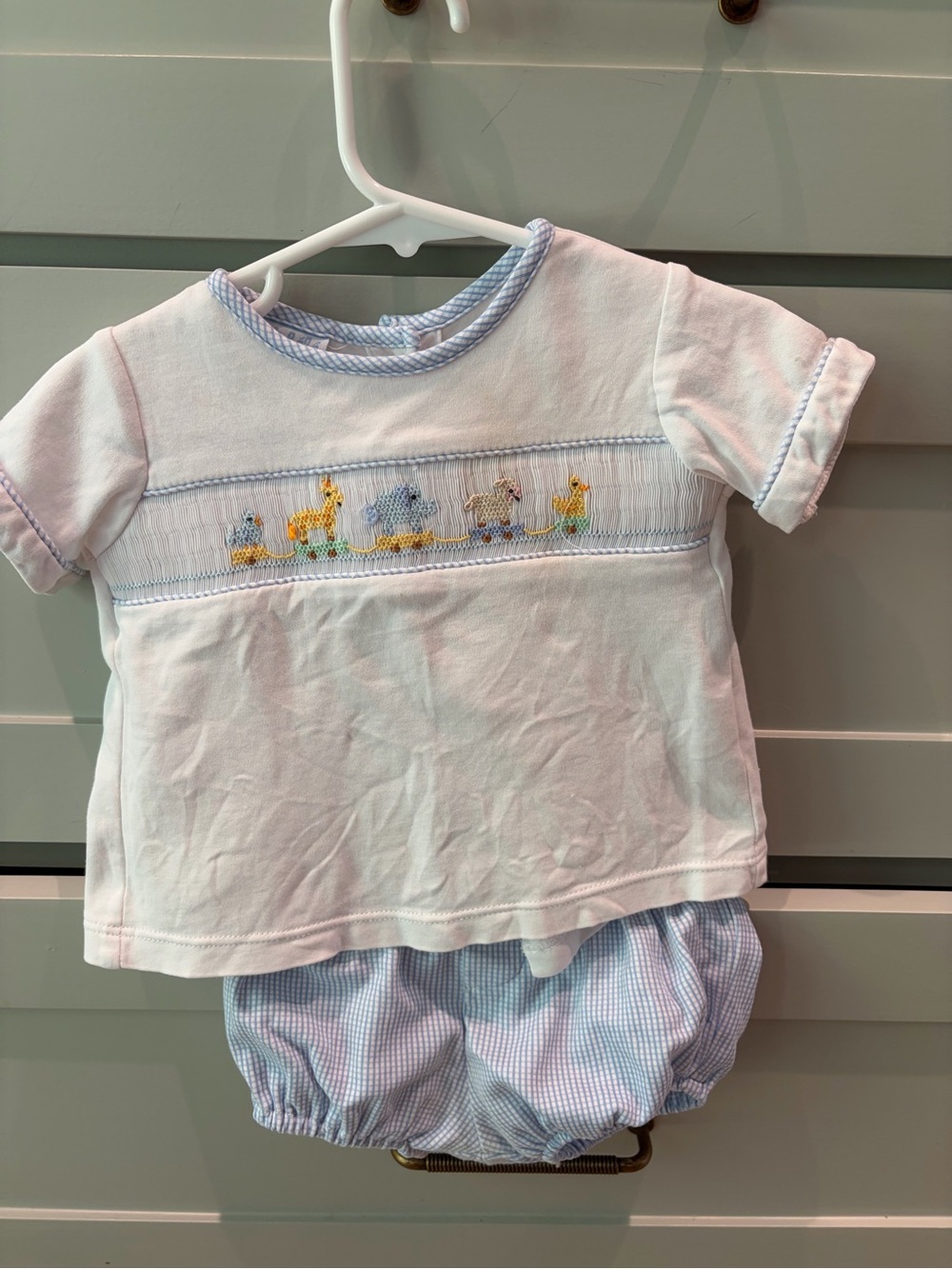 White Baby Smocked Animal Short Sleeve Set with Blue Trim